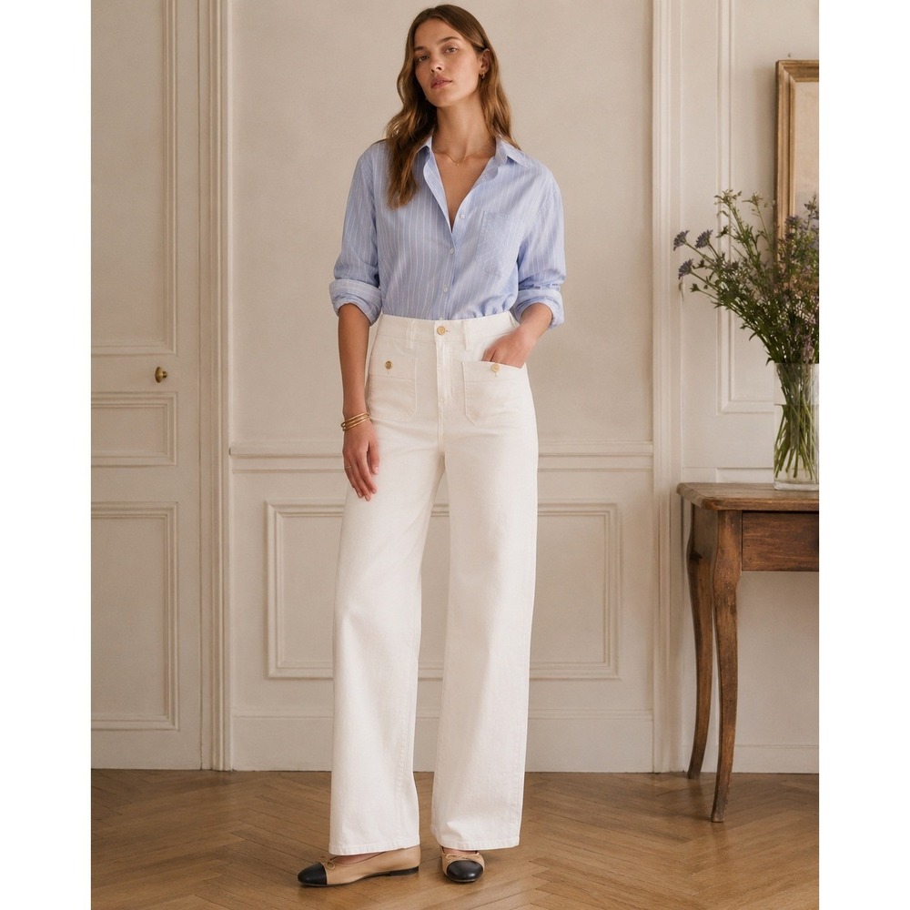 J.Crew Slim Wide Leg Jeans Womens 27 Petite White Patch Pocket Gold Buttons